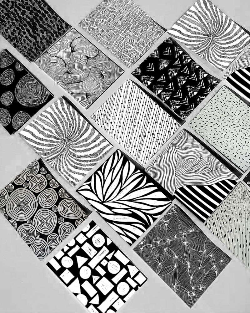 Collection of black and white geometric pattern studies showcasing various design techniques including spirals, linear patterns, radiating designs, and abstract compositions